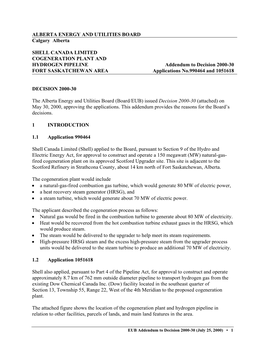 COGENERATION PLANT and HYDROGEN PIPELINE Addendum to Decision 2000-30 FORT SASKATCHEWAN AREA Applications No.990464 and 1051618