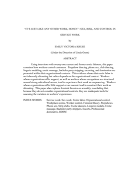 “It's Just Like Any Other Work, Honey”: Sex, Risk, and Control In