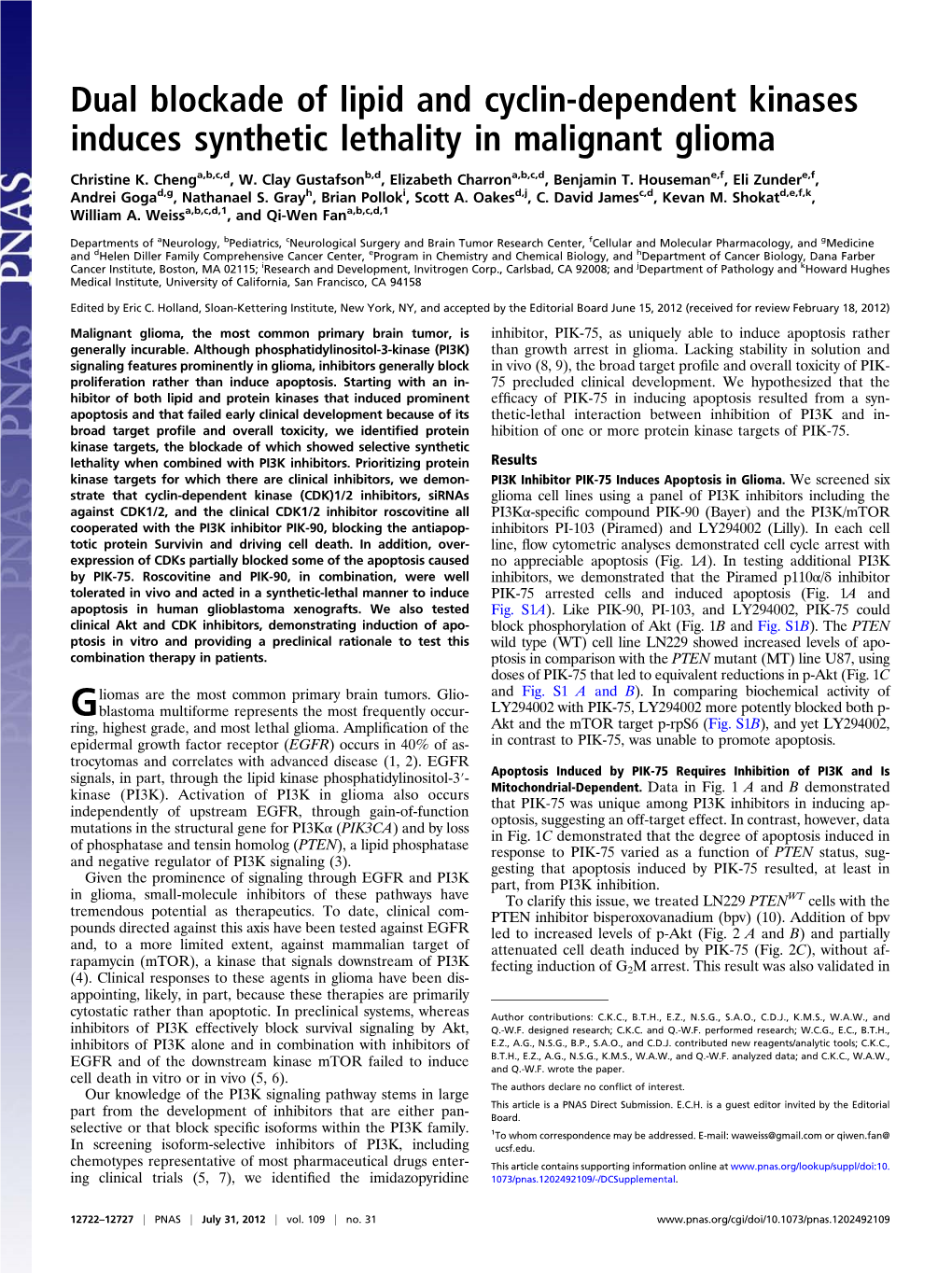 Dual Blockade of Lipid and Cyclin-Dependent Kinases Induces Synthetic Lethality in Malignant Glioma