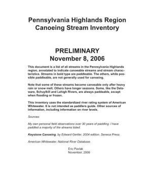 Pennsylvania Highlands Region Canoeing Stream Inventory