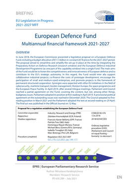 European Defence Fund Multiannual Financial Framework 2021-2027