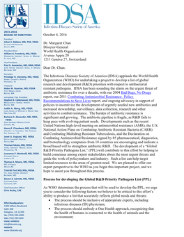 IDSA Letter to WHO on Prioritizing Antimicrobial Resistant Pathogens