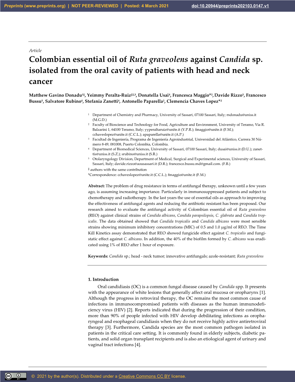 Colombian Essential Oil of Ruta Graveolens Against Candida Sp