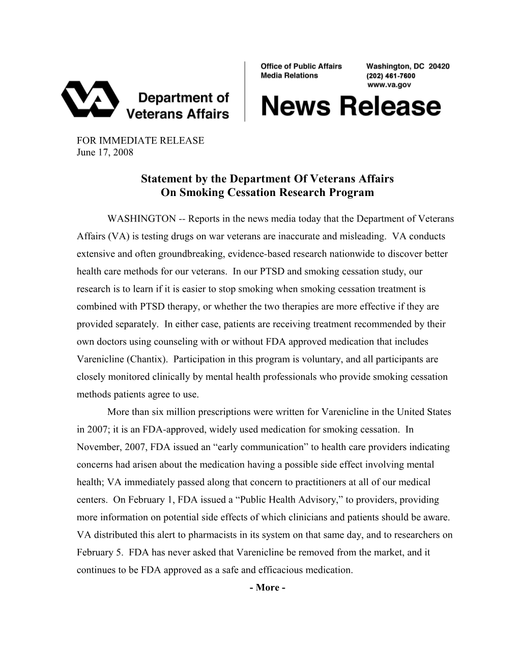 Statement by the Department of Veterans Affairs