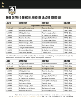 2021 Ontario Junior Lacrosse League Schedule