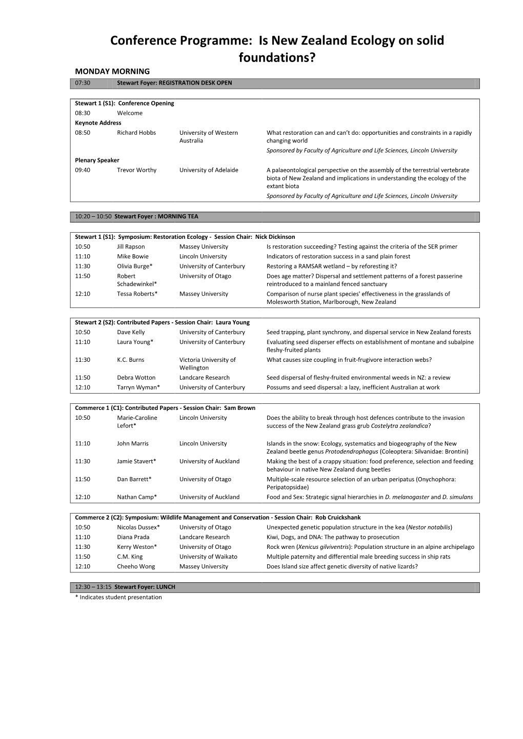 NZES Timetable Oral Presentations