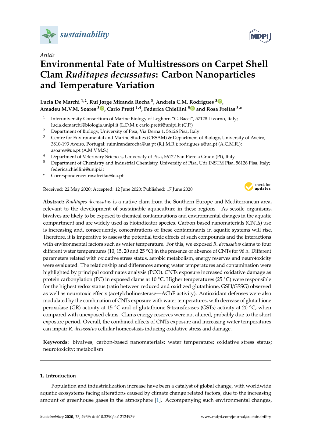 Environmental Fate of Multistressors on Carpet Shell Clam Ruditapes Decussatus: Carbon Nanoparticles and Temperature Variation