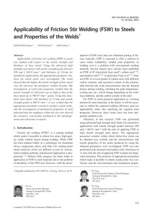 Applicability of Friction Stir Welding (FSW) to Steels and Properties of the Welds†