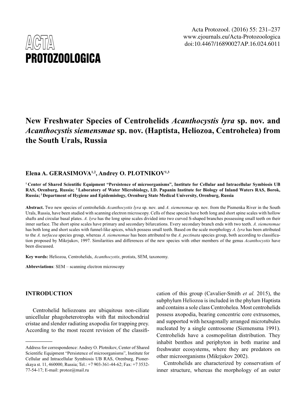 New Freshwater Species of Centrohelids Acanthocystis Lyra Sp. Nov. and Acanthocystis Siemensmae Sp. Nov.(Haptista, Heliozoa, Centrohelea) from the South Urals, Russia