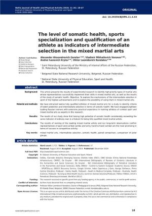 The Level of Somatic Health, Sports Specialization and Qualification of an Athlete As Indicators of Intermediate Selection in the Mixed Martial Arts