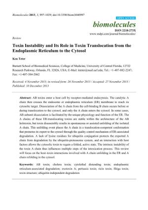 Toxin Instability and Its Role in Toxin Translocation from the Endoplasmic Reticulum to the Cytosol