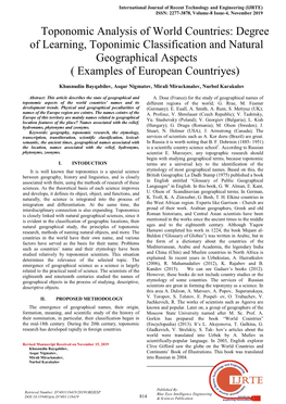 Toponomic Analysis of World Countries: Degree of Learning, Toponimic Classification and Natural Geographical Aspects ( Examples of European Countriyes)