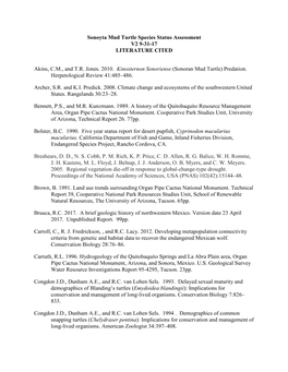 Sonoyta Mud Turtle Species Status Assessment V2 9-31-17 LITERATURE CITED
