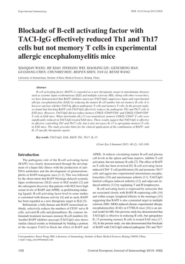 Blockade of B-Cell Activating Factor with TACI-Igg Effectively Reduced Th1 and Th17 Cells but Not Memory T Cells in Experimental Allergic Encephalomyelitis Mice