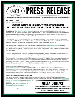 Carson Wentz Ao1 Foundation Partners with Philadelphia Eagles to Host Christmas Outreach Event
