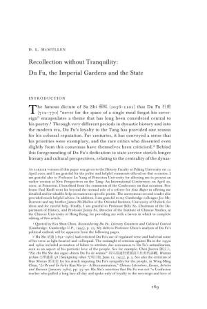 Recollection Without Tranquility: Du Fu, the Imperial Gardens and the State