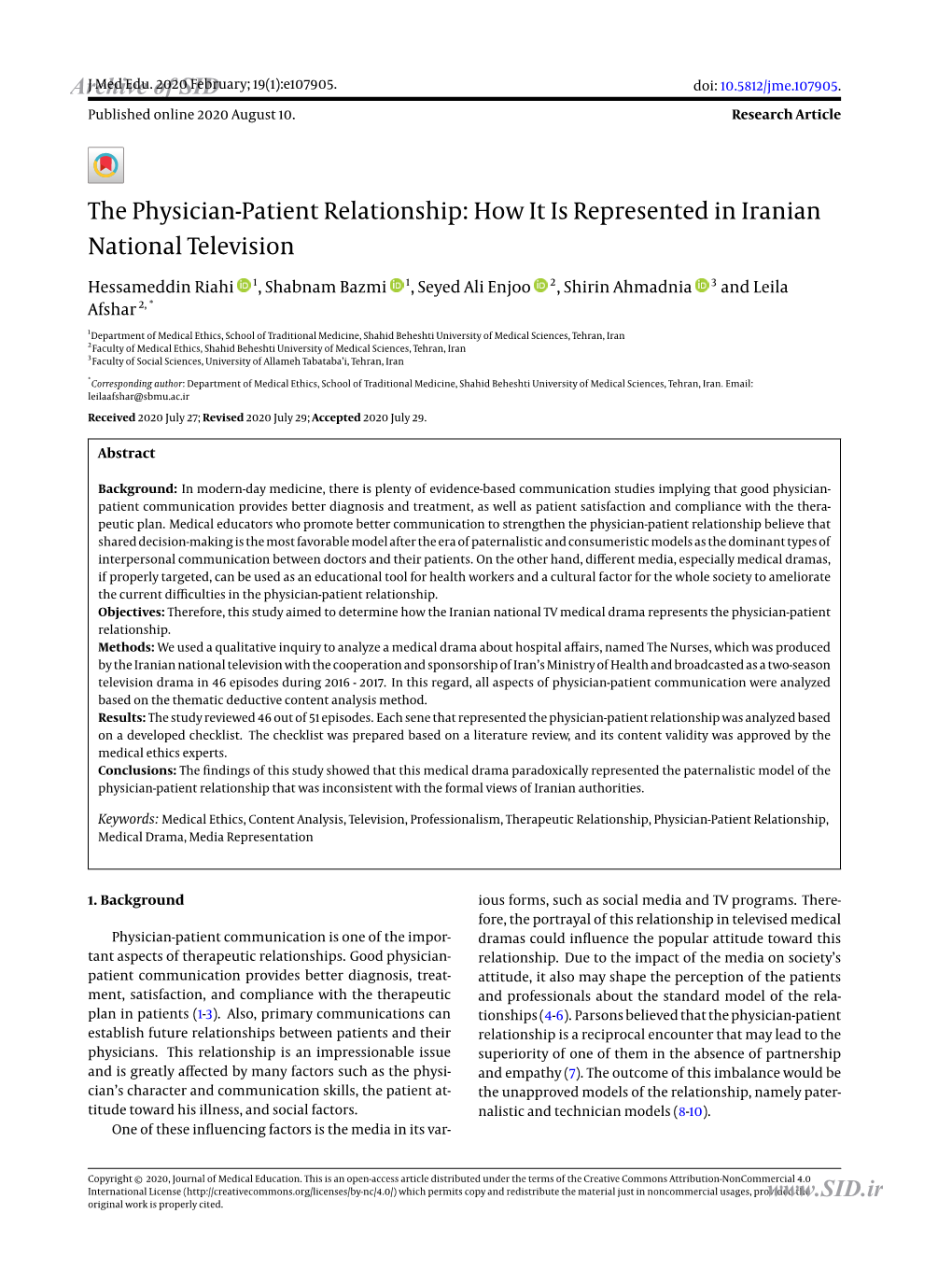 The Physician-Patient Relationship: How It Is Represented in Iranian National Television