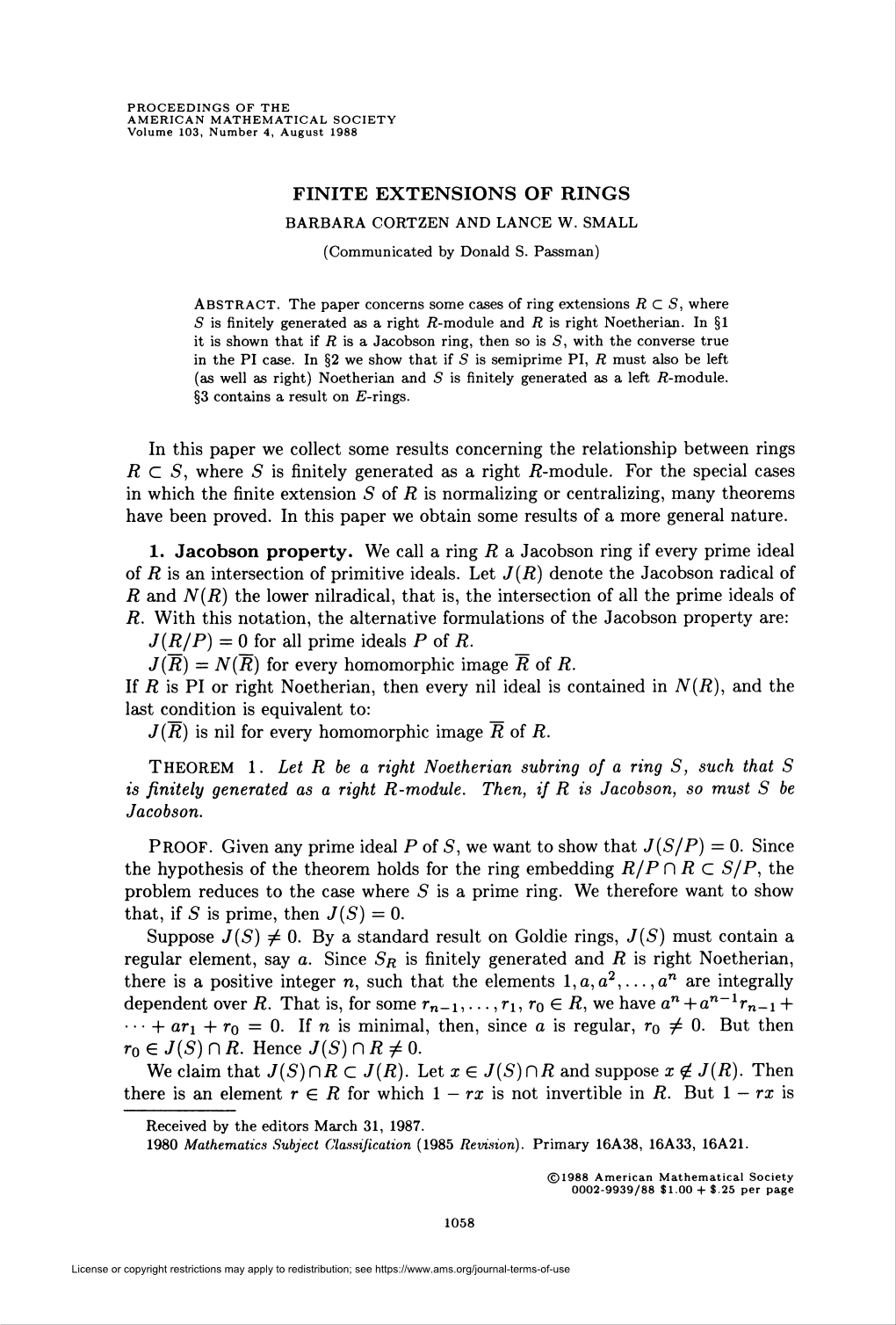 FINITE EXTENSIONS of RINGS R0 GJ(S)