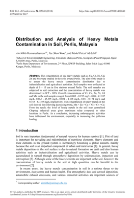 Distribution and Analysis of Heavy Metals Contamination in Soil, Perlis, Malaysia