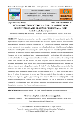 Original Research Article DOI - 10.26479/2017.0206.01 BIOLOGY of FEW BUTTERFLY SPECIES of AGRICULTURE ECOSYSTEMS of ARID REGIONS of KARNATAKA, INDIA Santhosh S