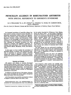 Penicillin Allergy in Rheumatoid Arthritis with Special Reference to Sj0gren's Syndrome By