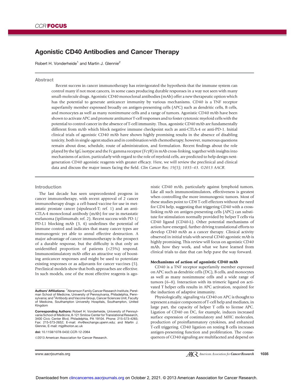 Agonistic CD40 Antibodies and Cancer Therapy