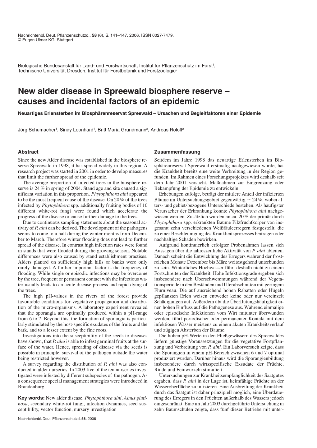 New Alder Disease in Spreewald Biosphere Reserve – Causes and Incidental Factorsofanepidemic