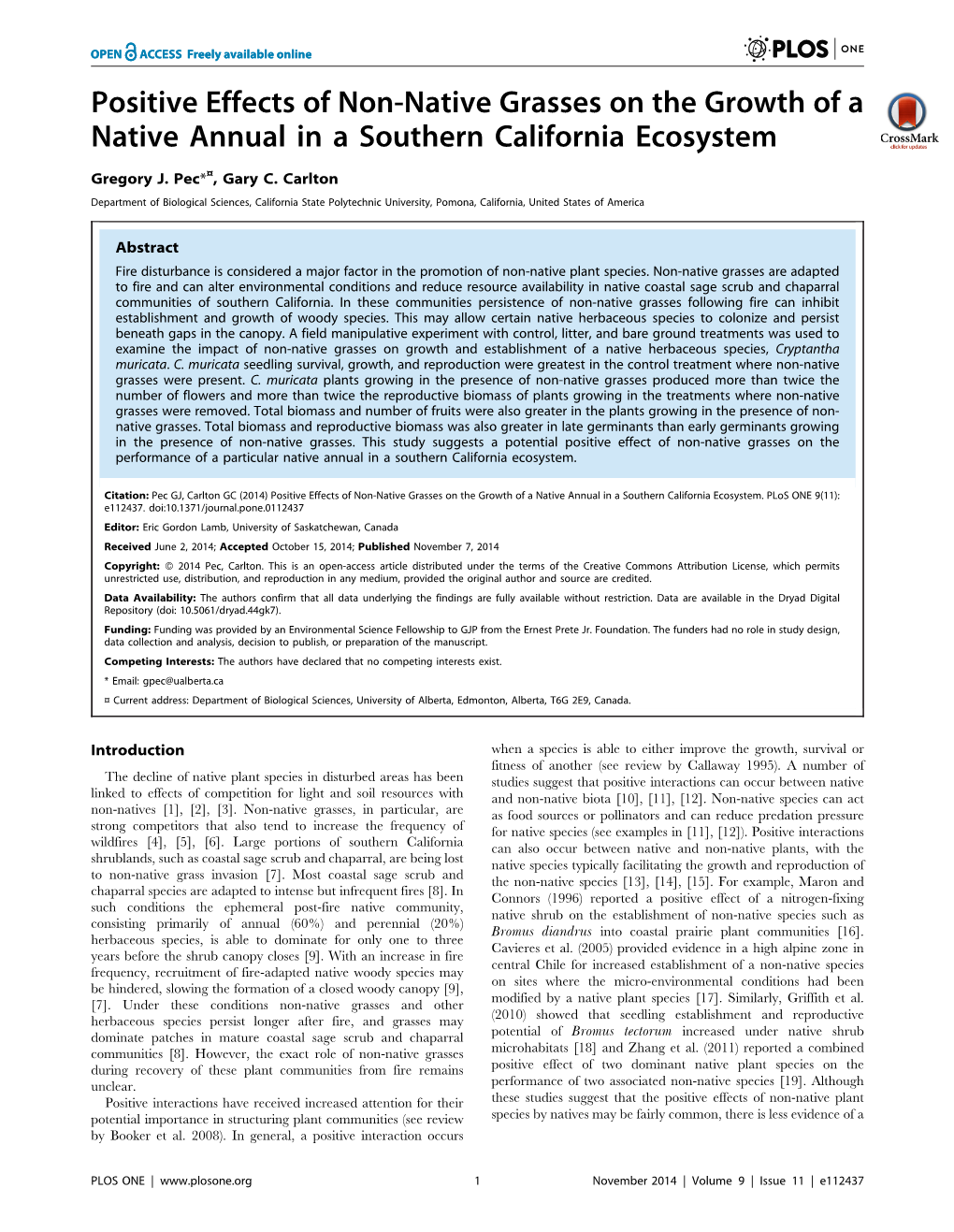 Positive Effects of Non-Native Grasses on the Growth of a Native Annual in a Southern California Ecosystem