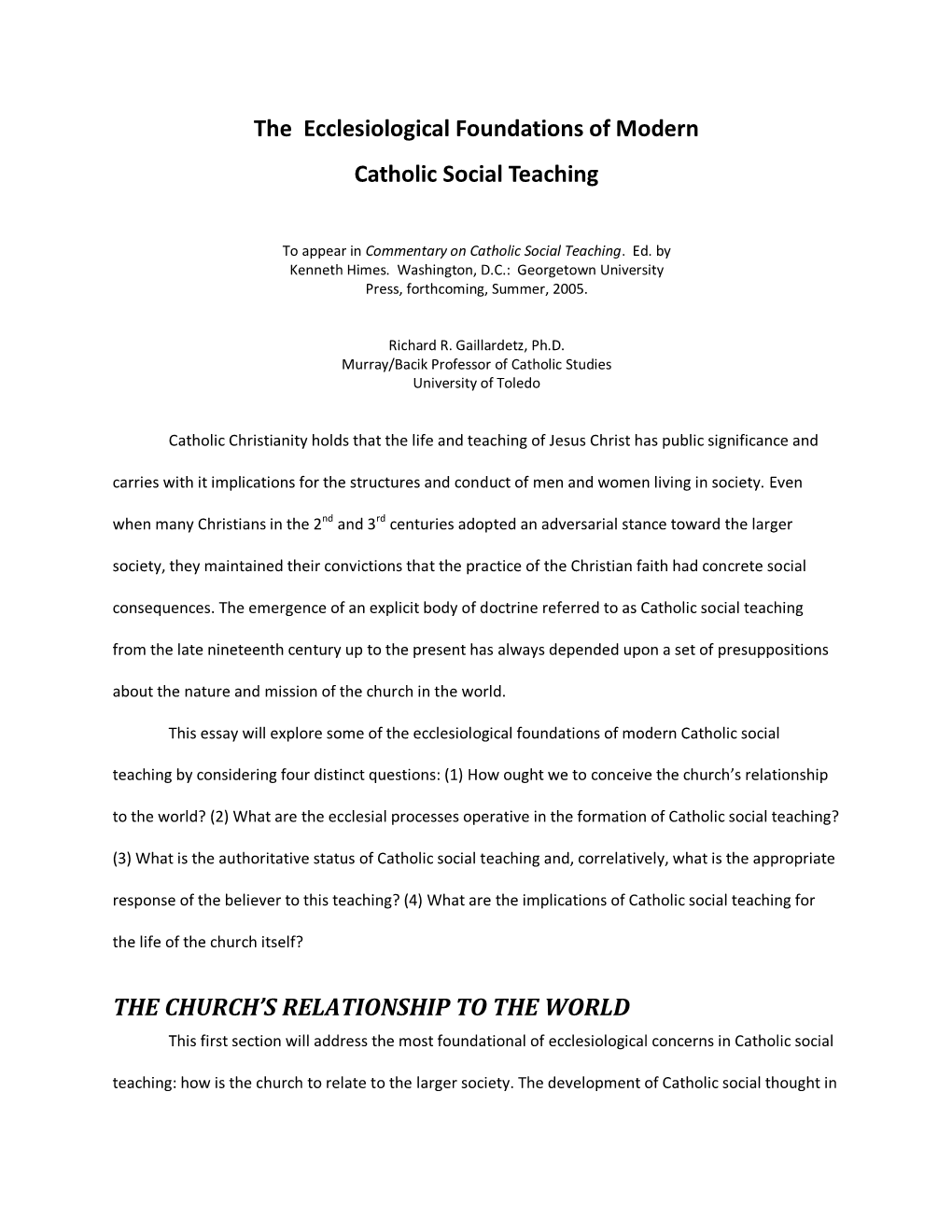 The Ecclesiological Foundations of Modern Catholic Social Teaching