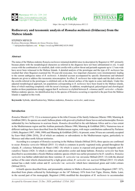 Rediscovery and Taxonomic Analysis of Romulea Melitensis (Iridaceae) from the Maltese Islands