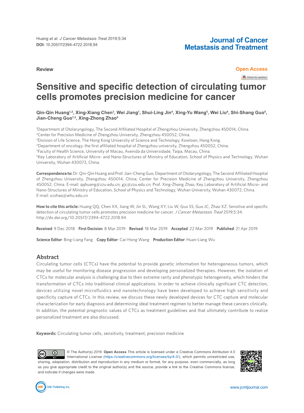 Sensitive and Specific Detection of Circulating Tumor Cells Promotes Precision Medicine for Cancer