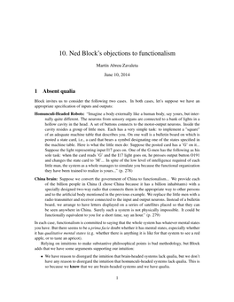 10. Ned Block's Objections to Functionalism