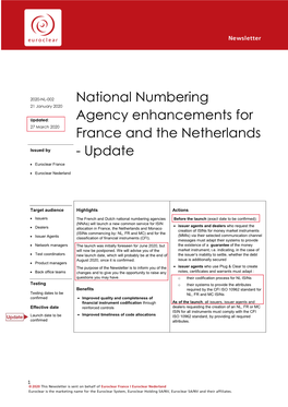 National Numbering Agency Enhancements for France and The