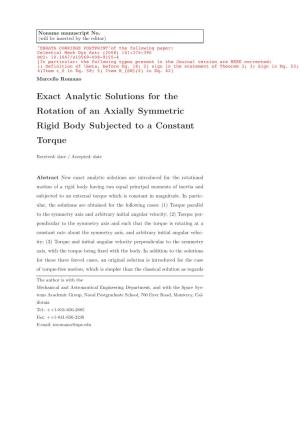 Exact Analytic Solutions for the Rotation of an Axially Symmetric Rigid Body Subjected to a Constant Torque