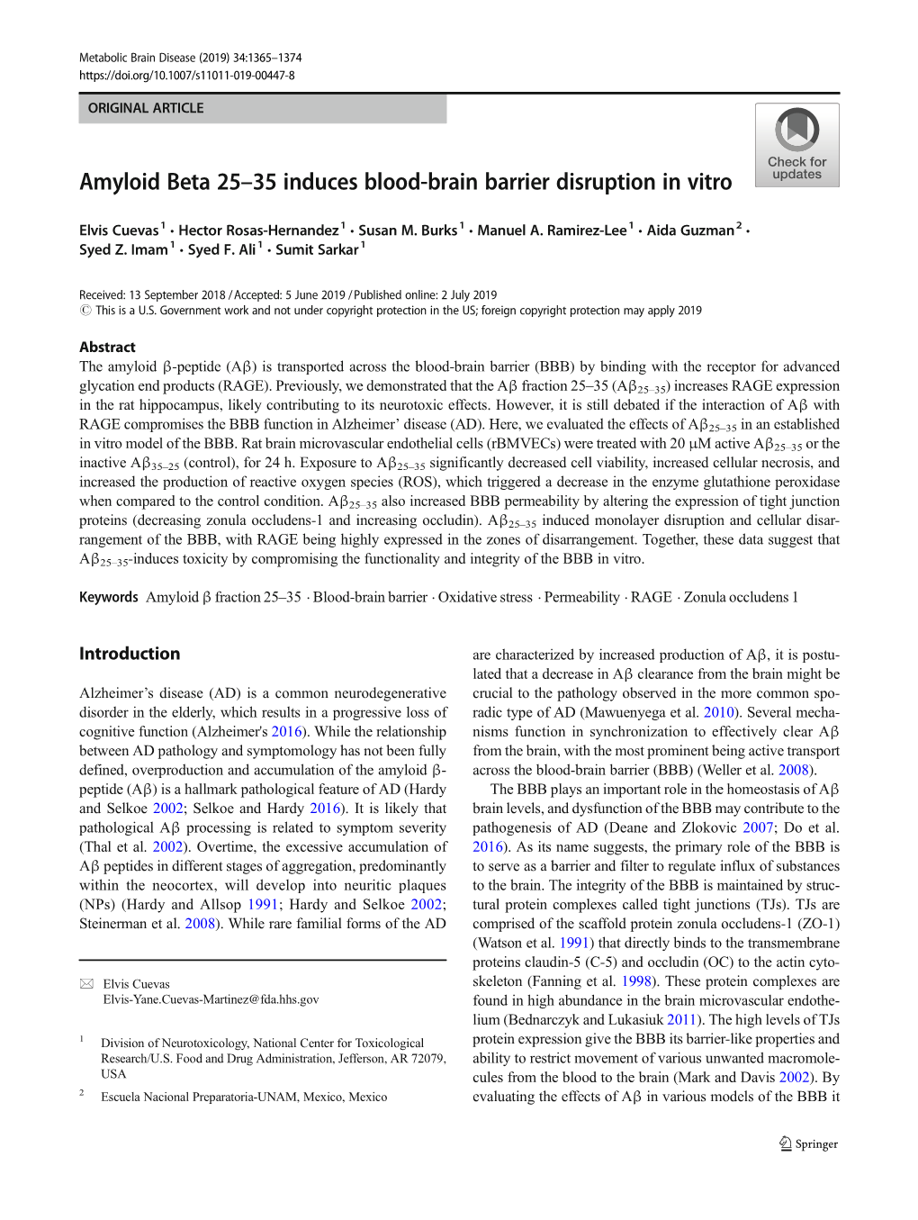 Amyloid Beta 25–35 Induces Blood-Brain Barrier Disruption in Vitro