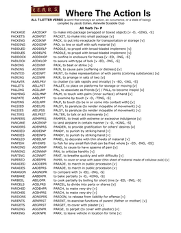 Where the Action Is ALL 7-LETTER VERBS (A Word That Conveys an Action, an Occurrence, Or a State of Being) Compiled by Jacob Cohen, Asheville Scrabble Club