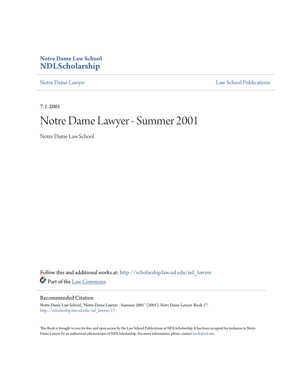 Notre Dame Lawyer Law School Publications