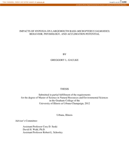 Impacts of Hypoxia on Largemouth Bass ( Micropterus Salmoides) Behavior, Physiology, and Acclimation Potential