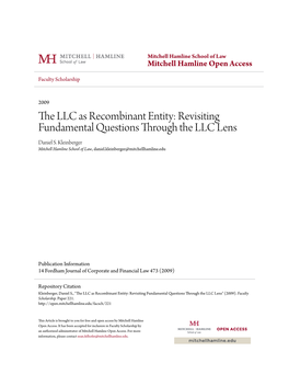 The LLC As Recombinant Entity: Revisiting Fundamental Questions Through the LLC Lens" (2009)