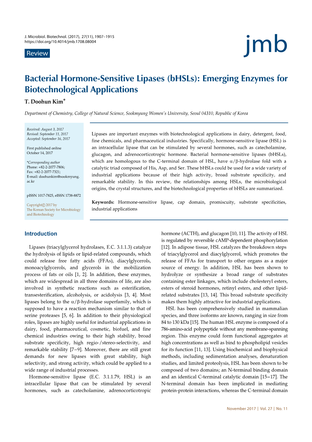 Bacterial Hormone-Sensitive Lipases (Bhsls): Emerging Enzymes for Biotechnological Applications T