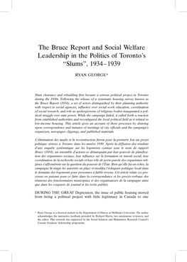 The Bruce Report and Social Welfare Leadership in the Politics of Toronto's