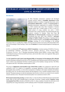 Byurakan Astrophysical Observatory in 2016: Annual Report