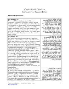 Current Jewish Questions Introduction to Rabbinic Ethics