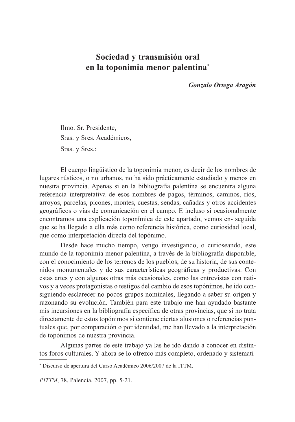 Sociedad Y Transmisión Oral En La Toponimia Menor Palentina*