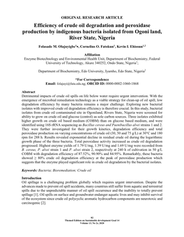 Efficiency of Crude Oil Degradation and Peroxidase Production by Indigenous Bacteria Isolated from Ogoni Land, River State, Nigeria