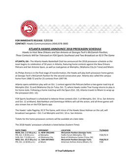 Atlanta Hawks Announce 2018 Preseason Schedule