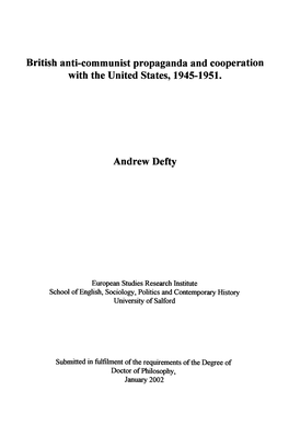 British Anti-Communist Propaganda and Cooperation with the United States, 1945-1951. Andrew Defty