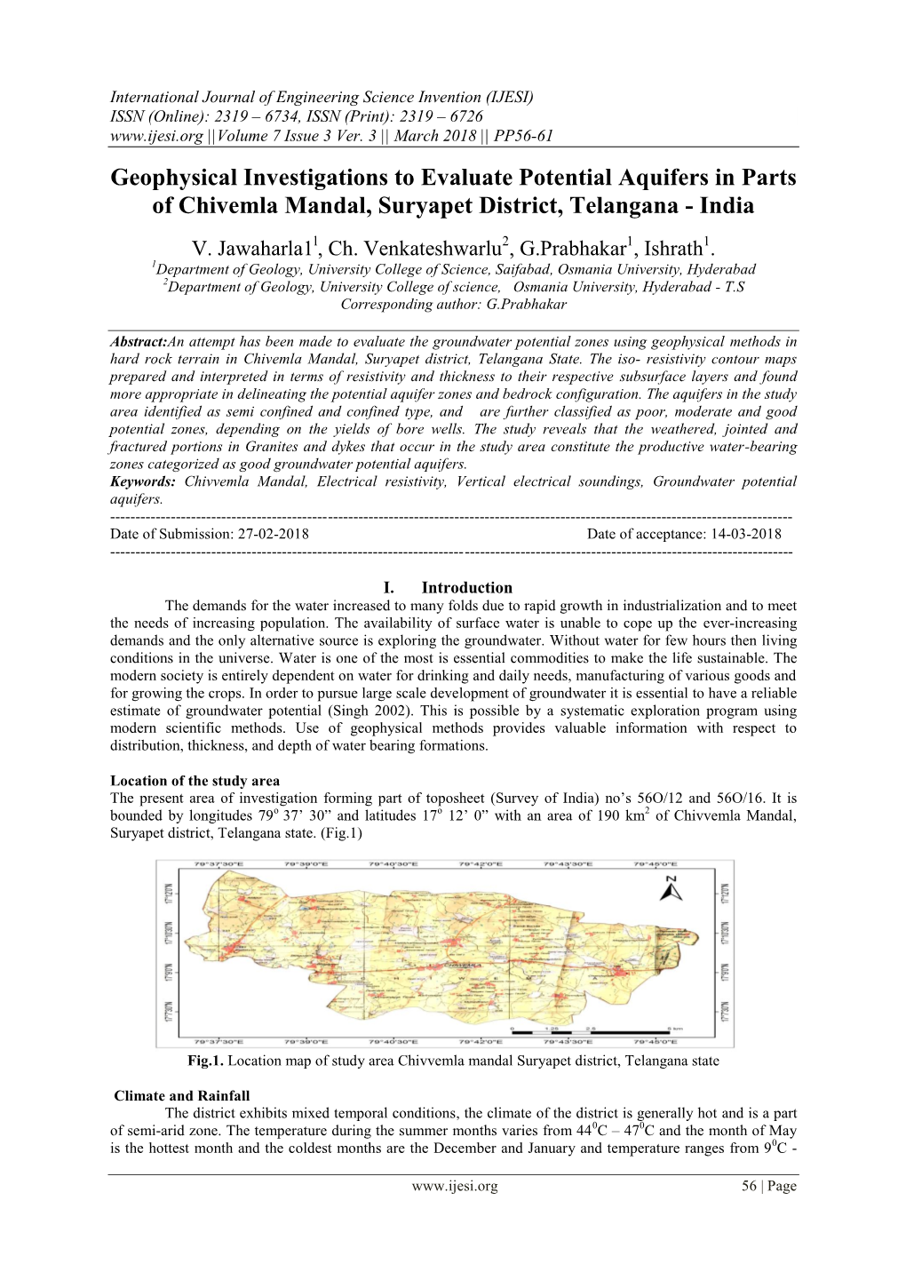Geophysical Investigations to Evaluate Potential Aquifers in Parts of Chivemla Mandal, Suryapet District, Telangana - India