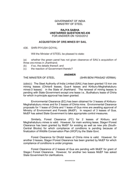 Government of India Ministry of Steel Rajya Sabha Unstarred Question No.436 for Answer on 15/03/2012 Acquisition of Ore-Mines By
