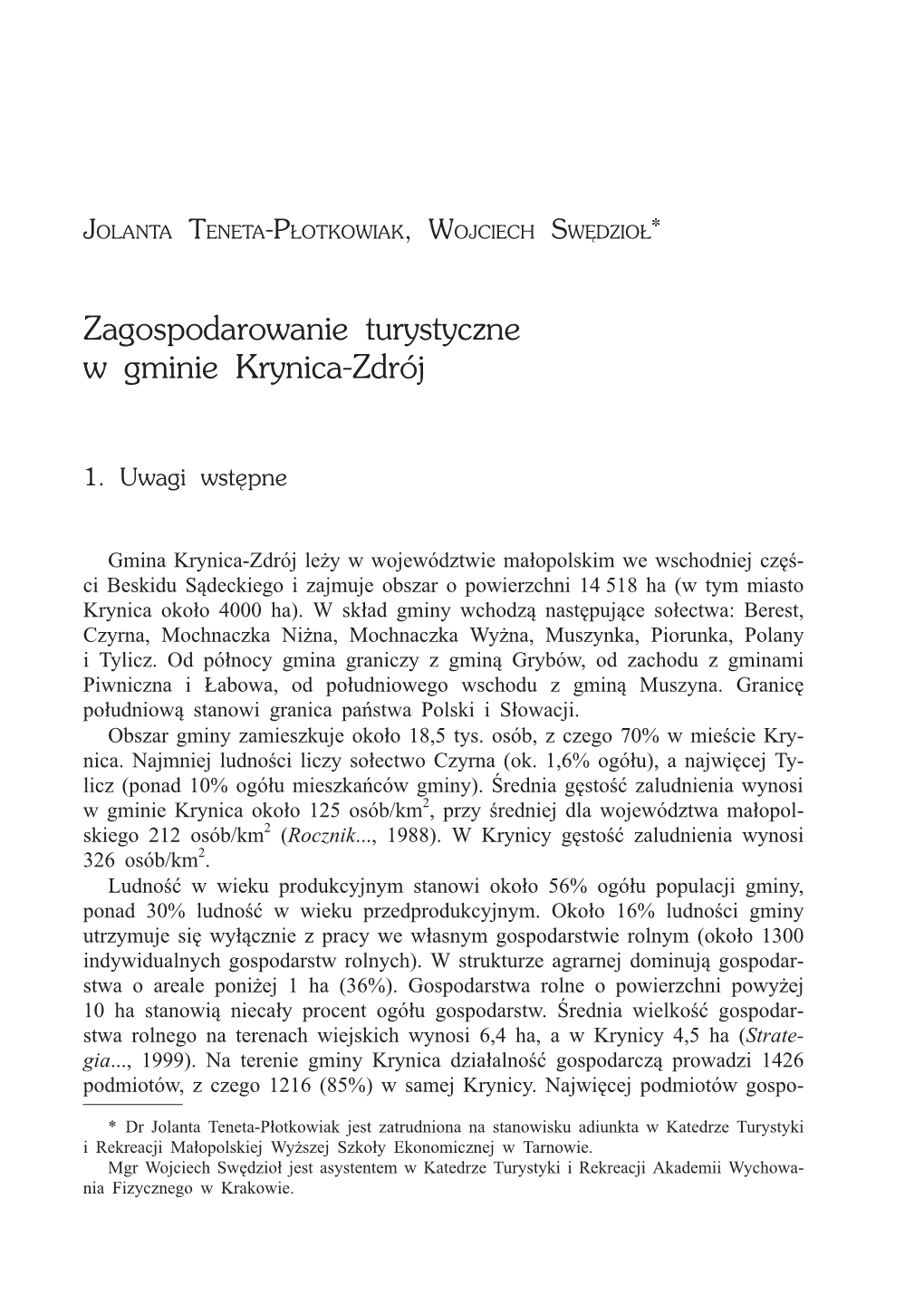 Zagospodarowanie Turystyczne W Gminie Krynica-Zdrój